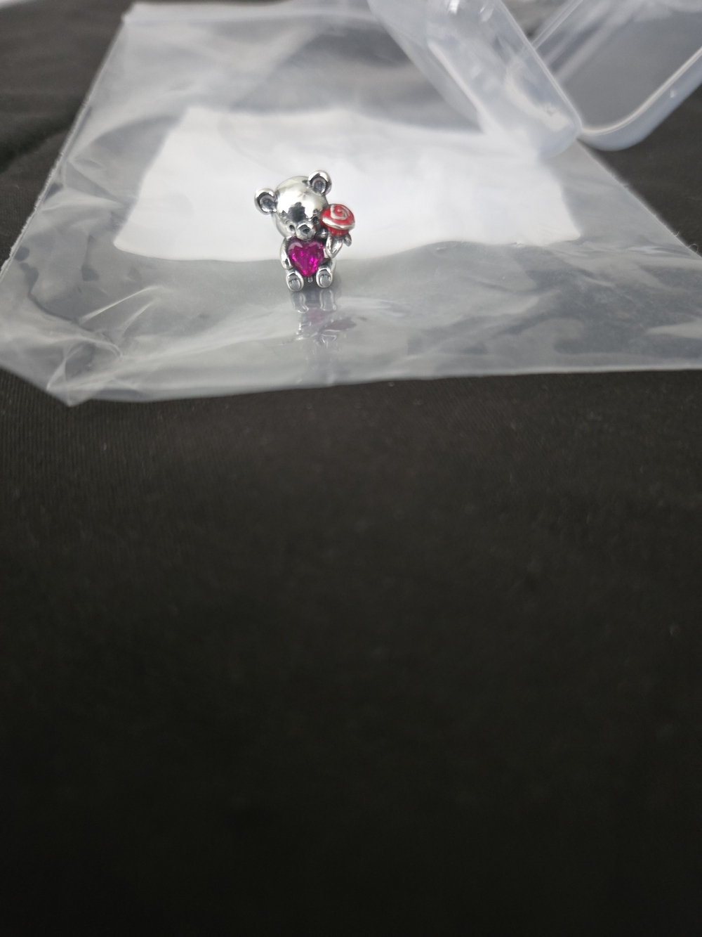 Silver Teddy Bear Charm with Pink Heart and Red Rose